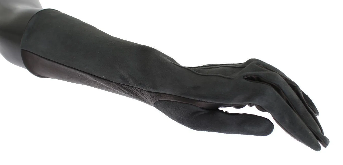 Gray Leather Silk Lined Elbow Long Gloves