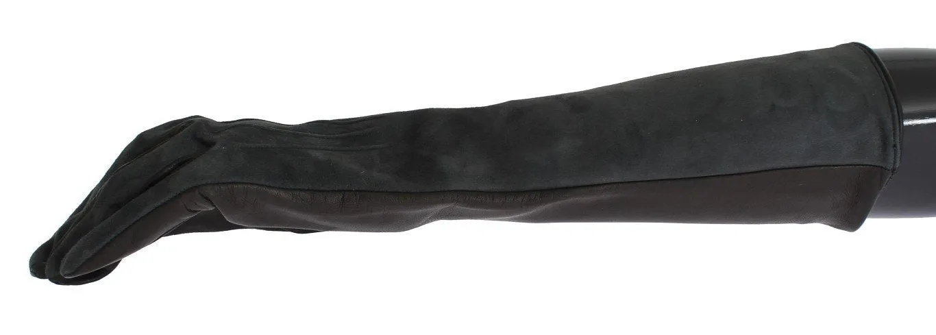 Gray Leather Silk Lined Elbow Long Gloves