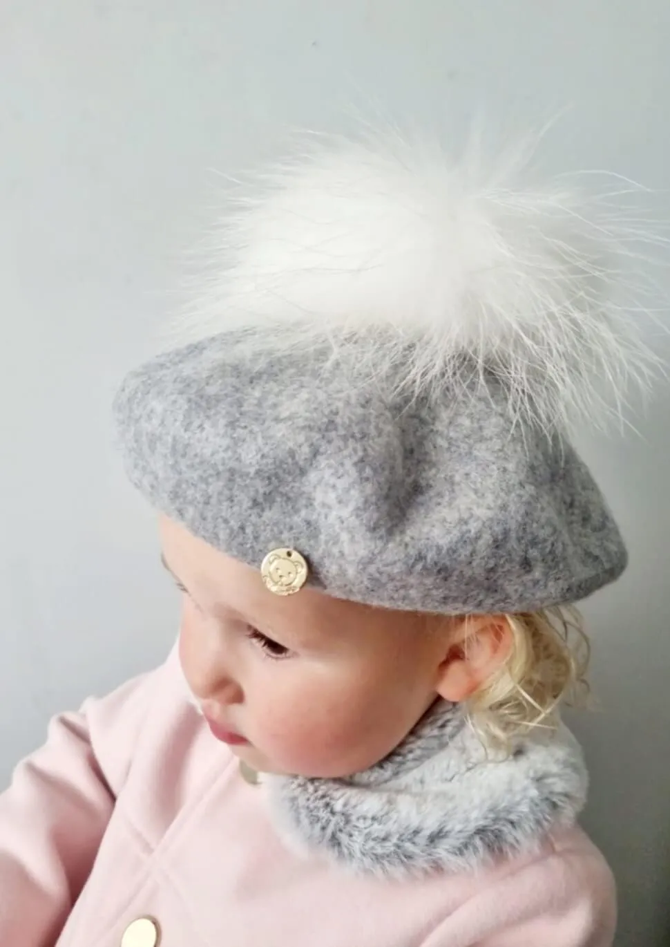 Grey Beret With White Pom
