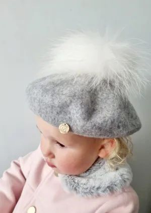Grey Beret With White Pom