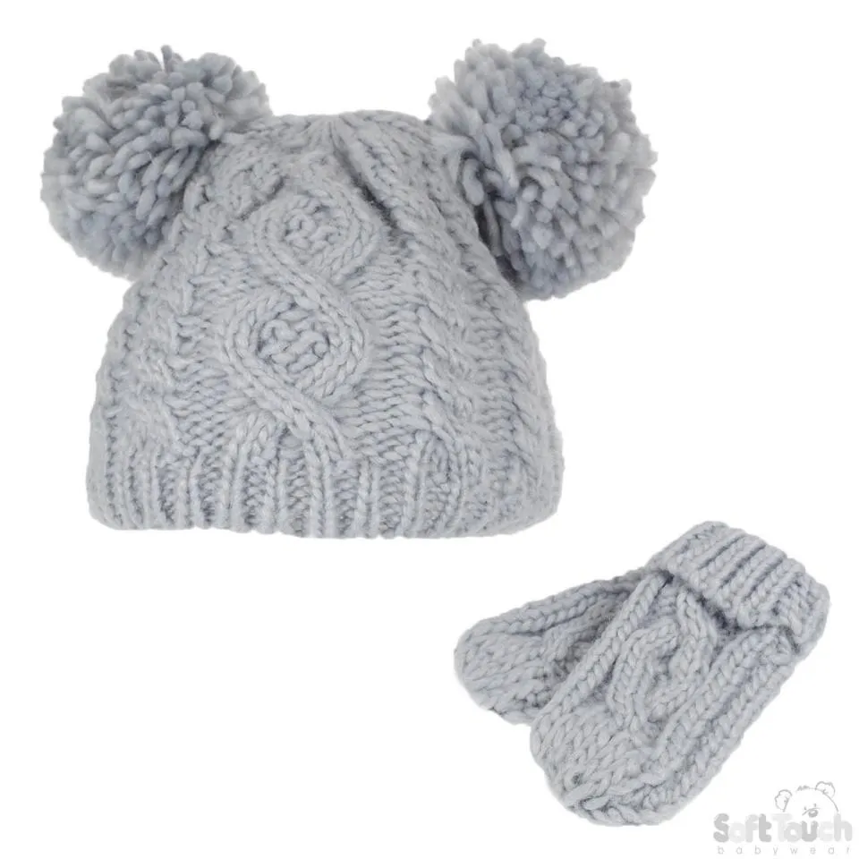 Grey/White Heavy Knit Pom-Pom Hat & Mitten Set - 12-24M (H483-GW-MED)