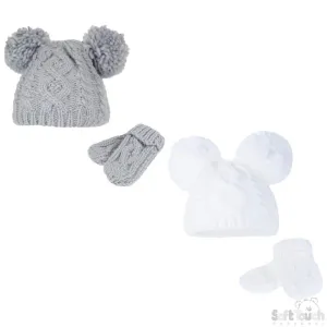 Grey/White Heavy Knit Pom-Pom Hat & Mitten Set - 12-24M (H483-GW-MED)