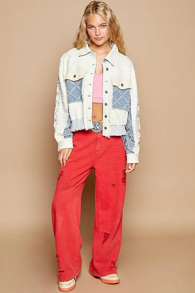 Hazel Blues® |  POL Embroidered Sleeve Raw Edge Quilted Jacket