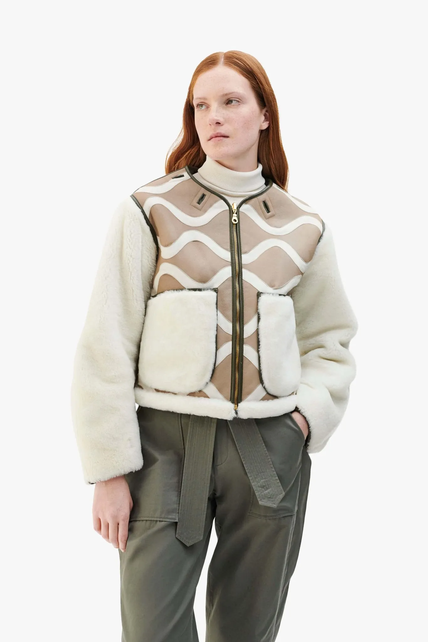 Intarsia Shearling Cropped Aviator Jacket - Taupe / Pale Jade