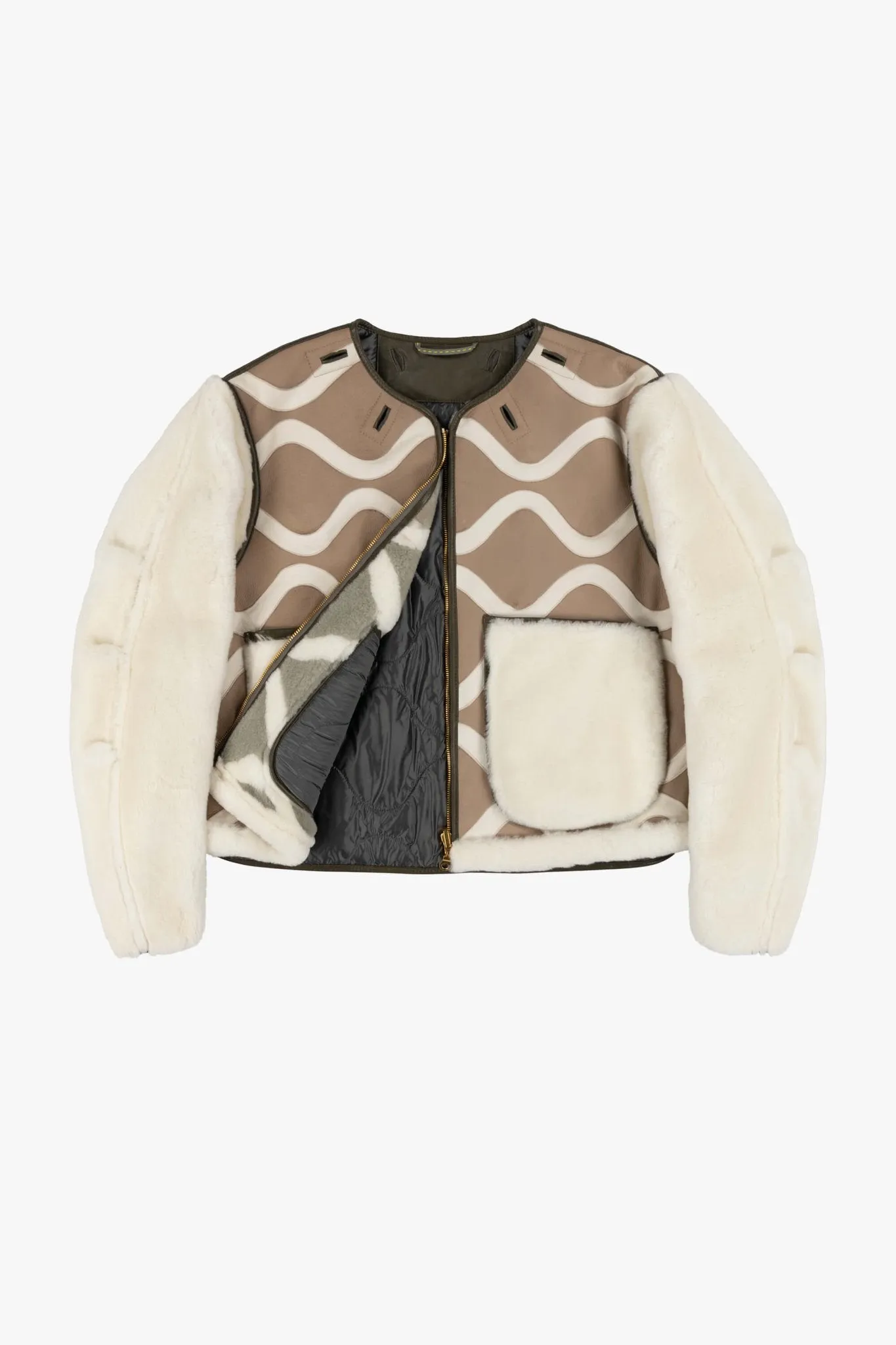 Intarsia Shearling Cropped Aviator Jacket - Taupe / Pale Jade