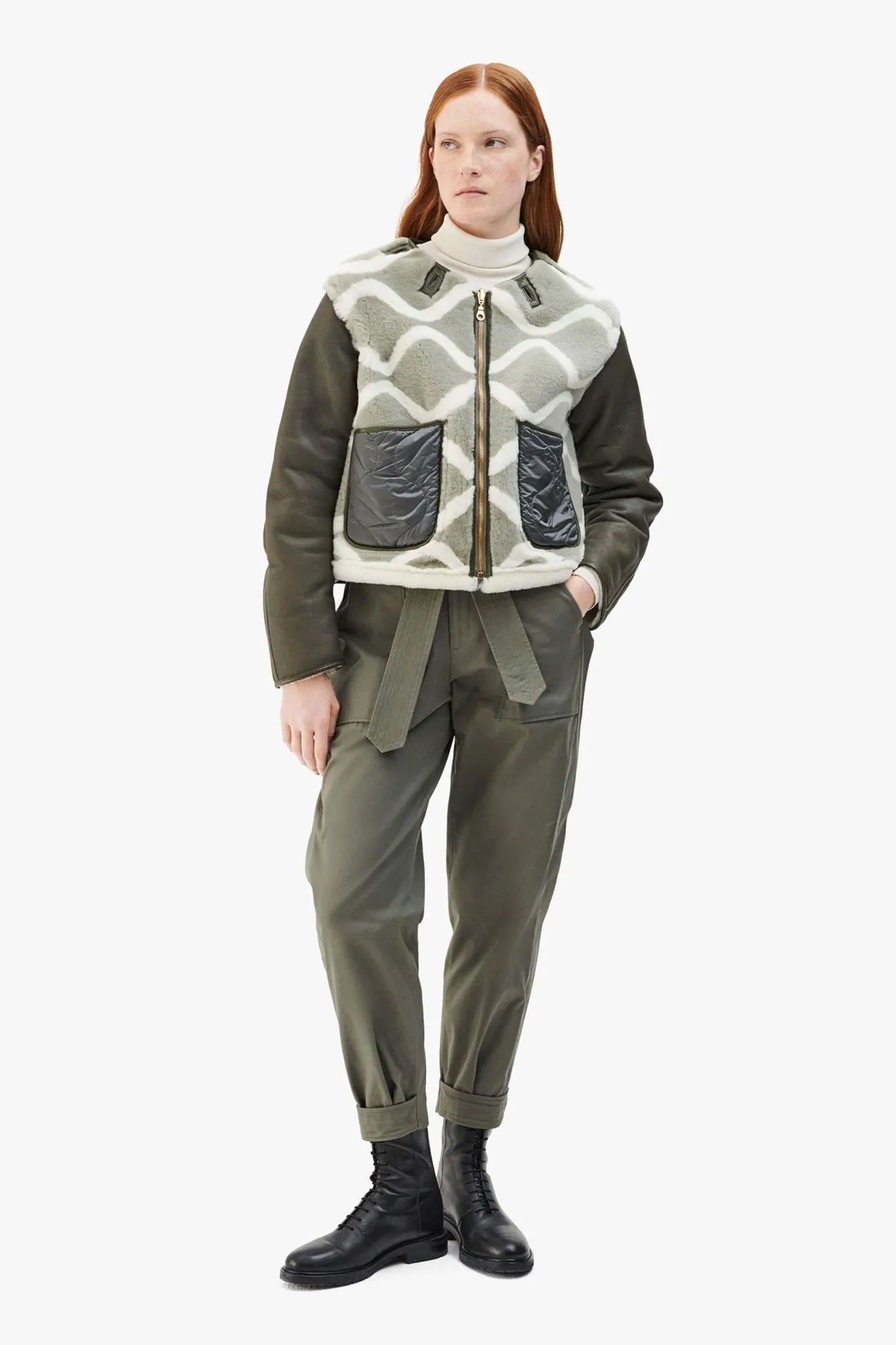Intarsia Shearling Cropped Aviator Jacket - Taupe / Pale Jade