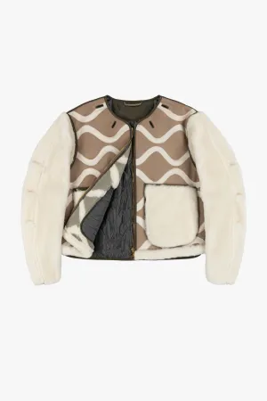 Intarsia Shearling Cropped Aviator Jacket - Taupe / Pale Jade