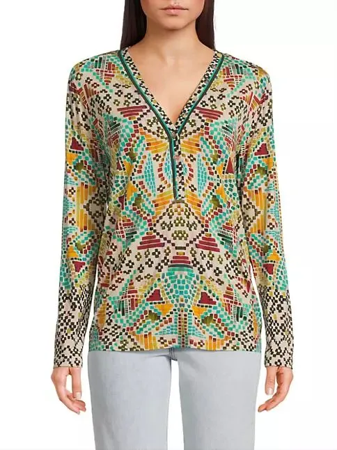 Johnny Was Etris Janie Favorite Long Sleeve Button Henley Tee Shirt Beige Top NEW
