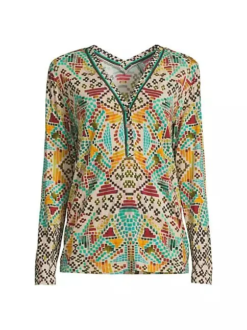 Johnny Was Etris Janie Favorite Long Sleeve Button Henley Tee Shirt Beige Top NEW