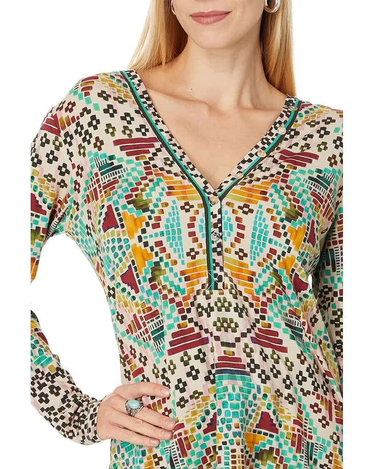 Johnny Was Etris Janie Favorite Long Sleeve Button Henley Tee Shirt Beige Top NEW