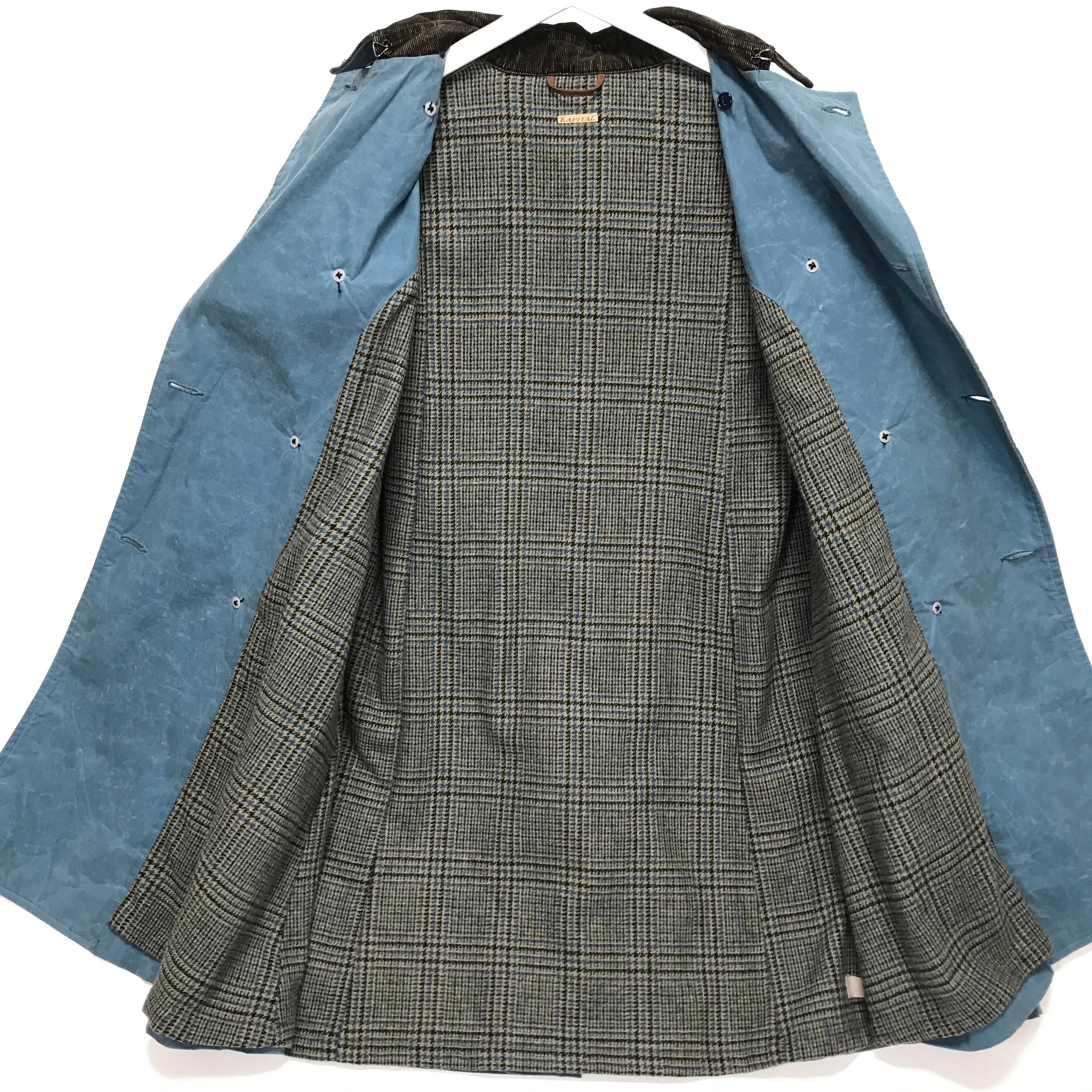 [L] Kapital Waxed Cotton Tweed Lined Trench Coat Blue