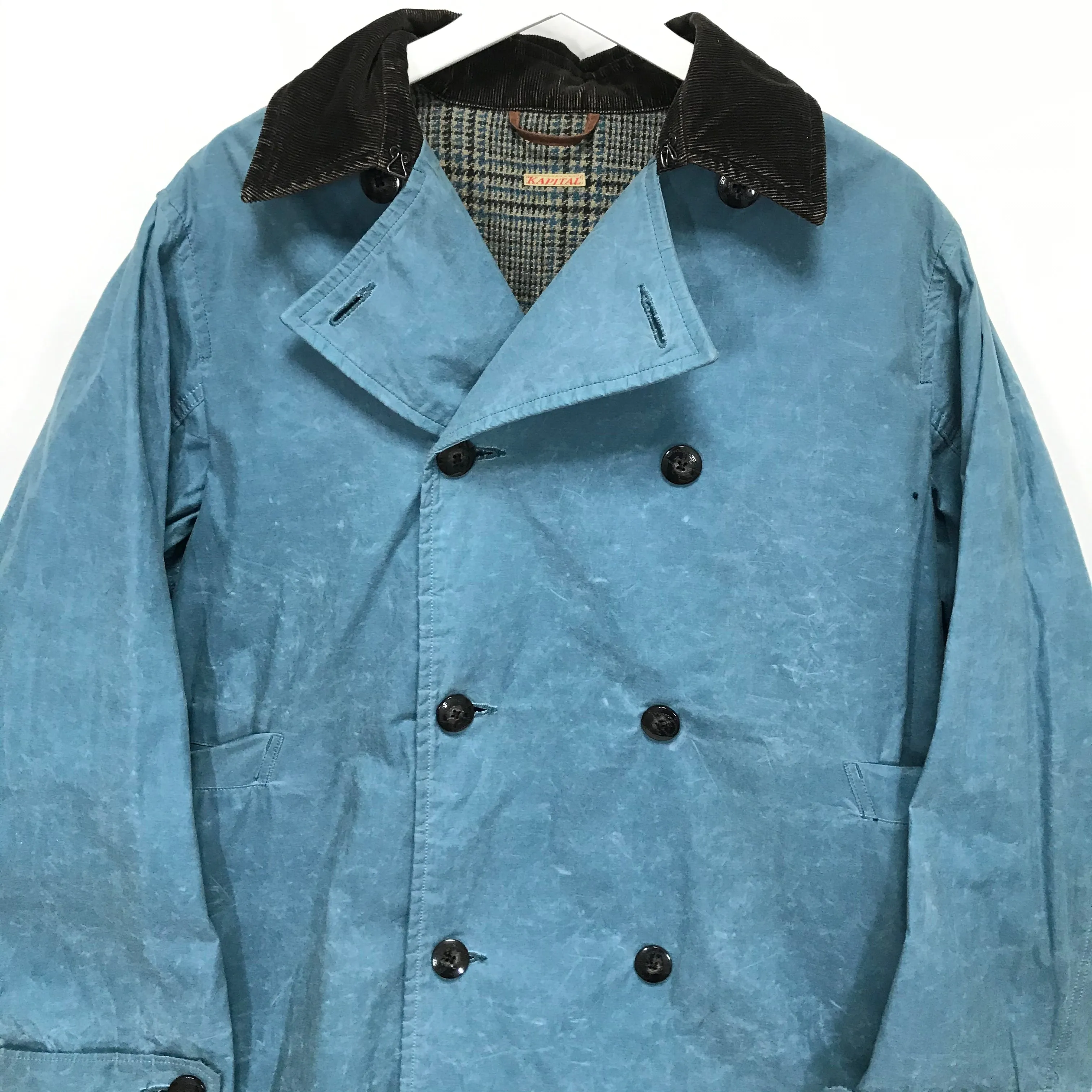 [L] Kapital Waxed Cotton Tweed Lined Trench Coat Blue