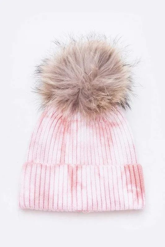 Large Genuine Fur Pom Tie Dyed Cotton Blend Beanie