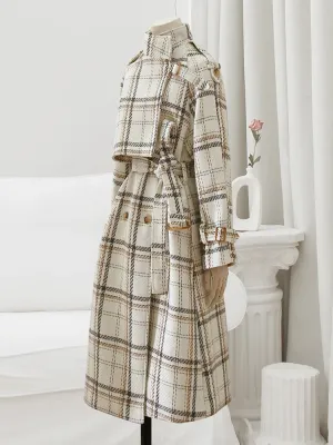 Long Loose Warm Plaid Wool Blends Trench Coat