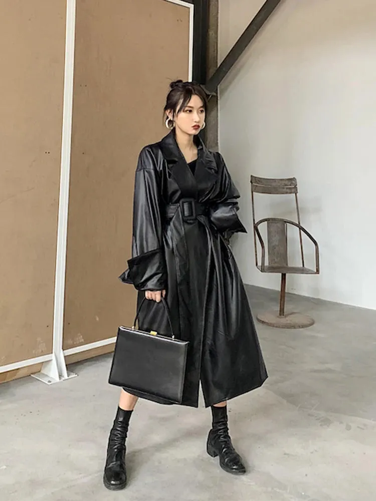 Long oversized leather trench coat  long sleeve lapel loose fit Fall Stylish black