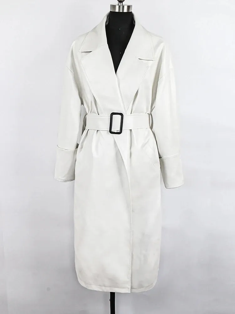 Long oversized leather trench coat  long sleeve lapel loose fit Fall Stylish black