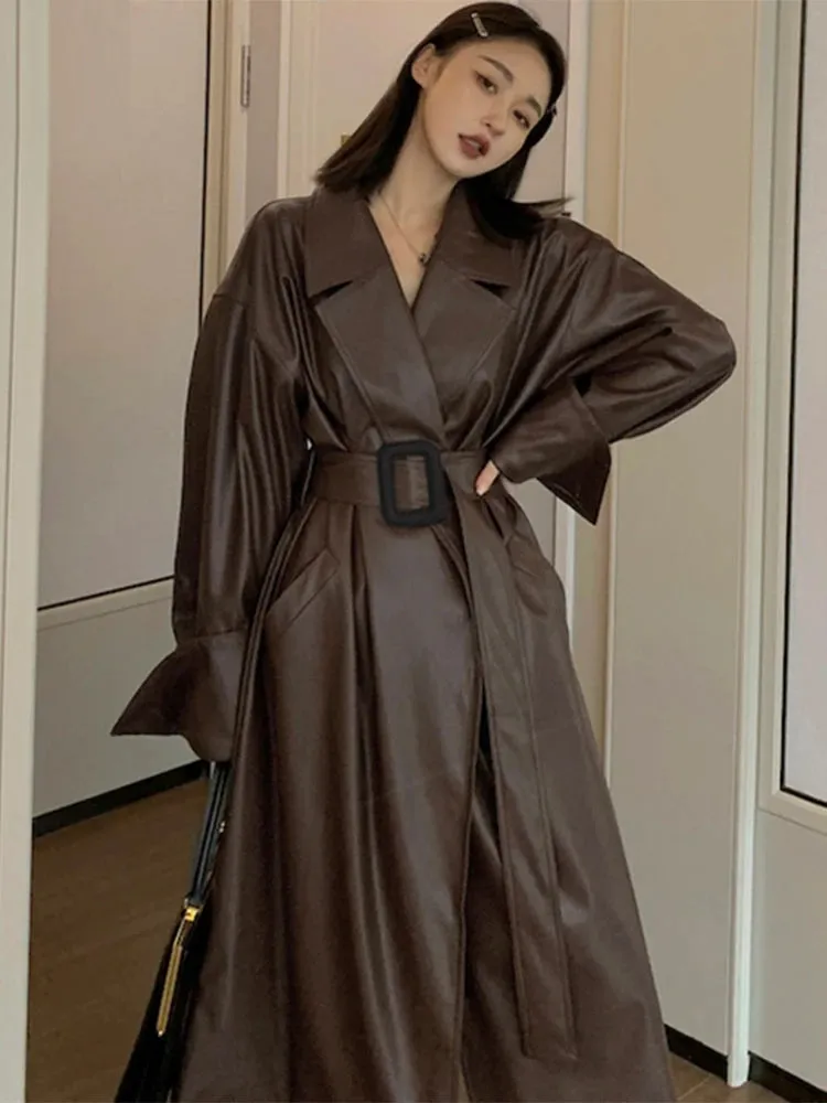 Long oversized leather trench coat  long sleeve lapel loose fit Fall Stylish black