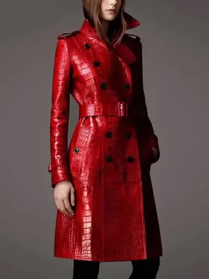 Long Red Crocodile Print Leather Trench Coat for Women