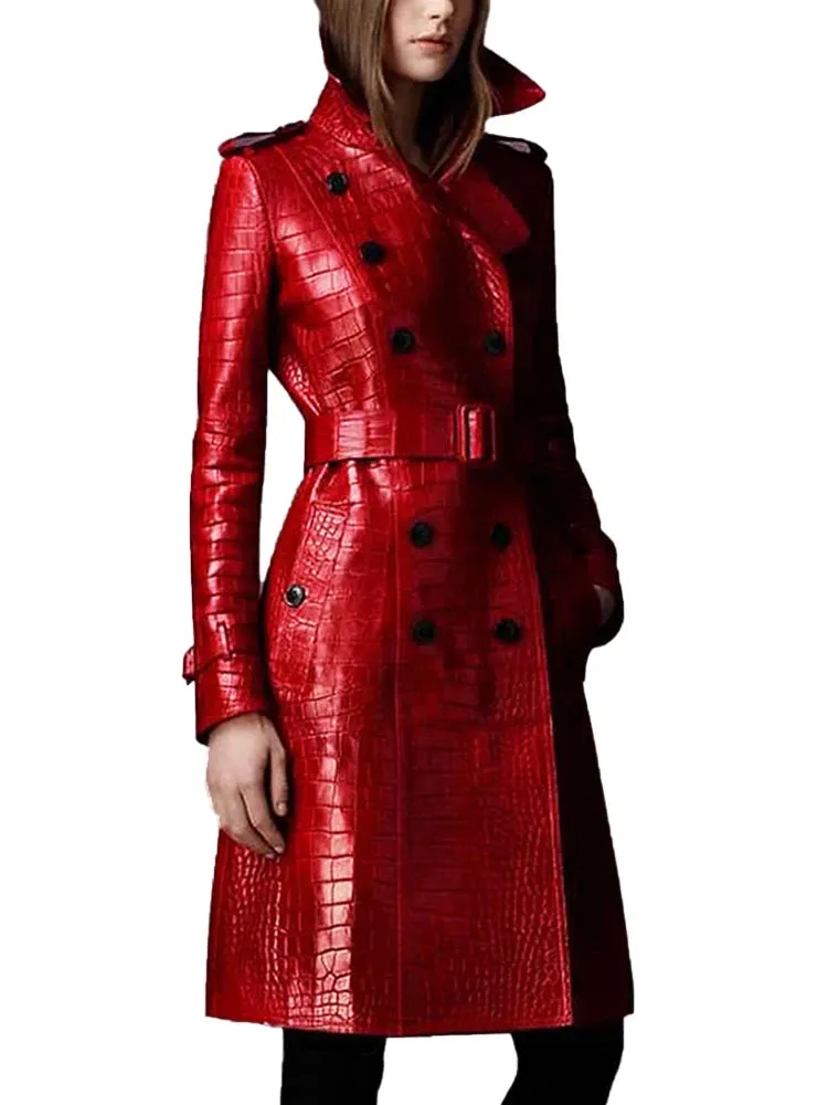 Long Red Crocodile Print Leather Trench Coat for Women