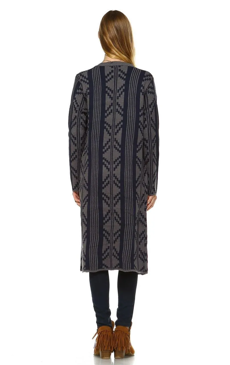 Long Trench Cardigan Tribal Sweater Geometric Navy Blue