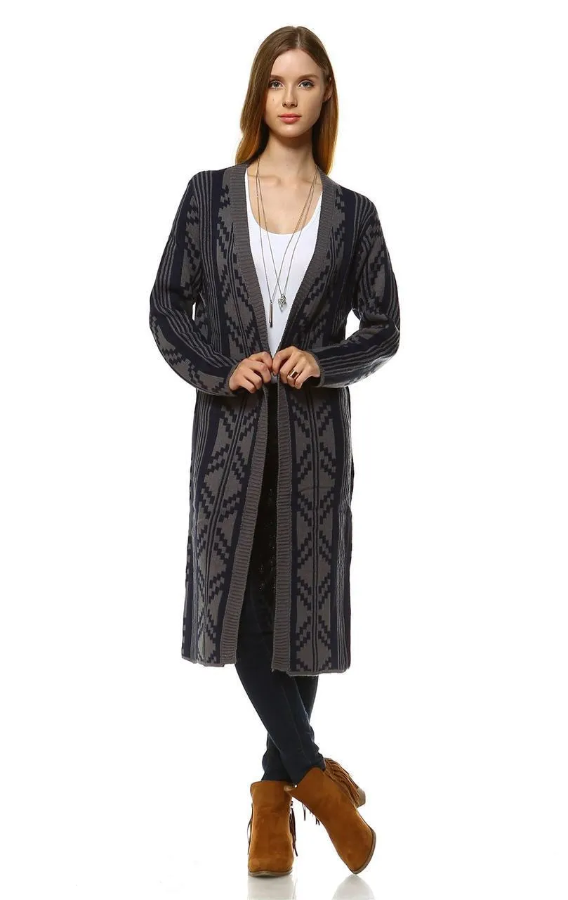 Long Trench Cardigan Tribal Sweater Geometric Navy Blue