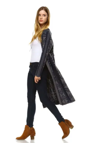 Long Trench Cardigan Tribal Sweater Geometric Navy Blue
