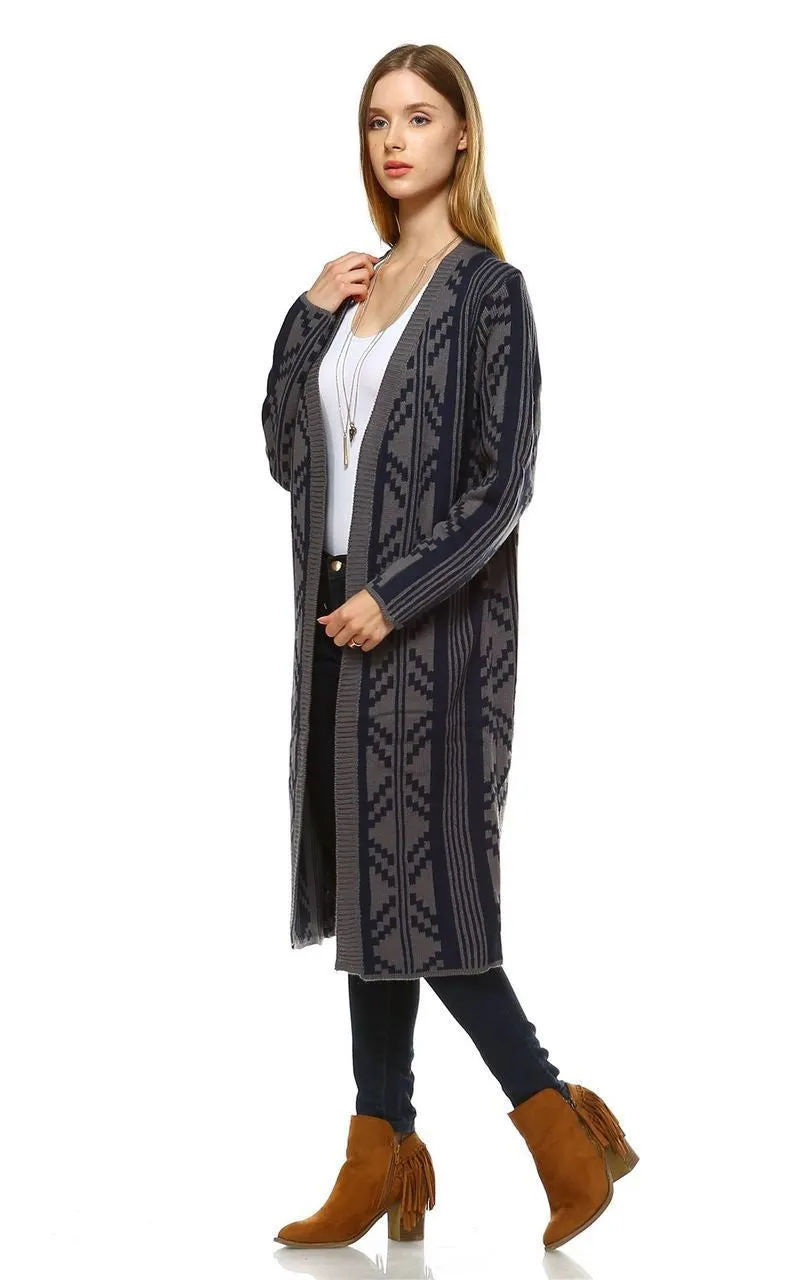 Long Trench Cardigan Tribal Sweater Geometric Navy Blue