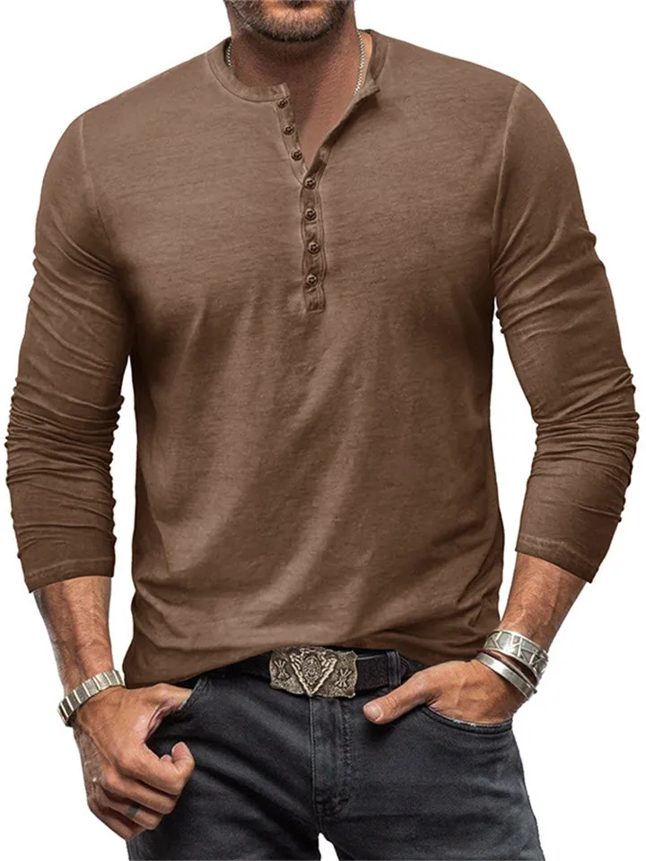 Men's Vintage Comfy Long Sleeve Washed Henley Shirts