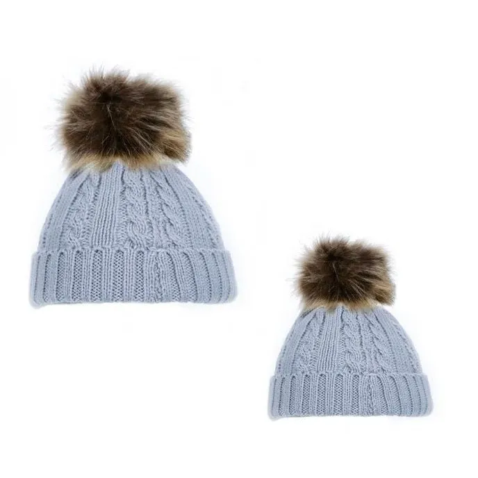 Mummy and Baby Matching Pom Pom Hats - Grey
