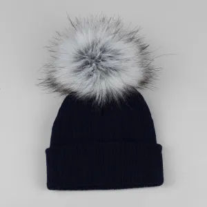 Navy Faux Fur Baby Pom Pom Hat