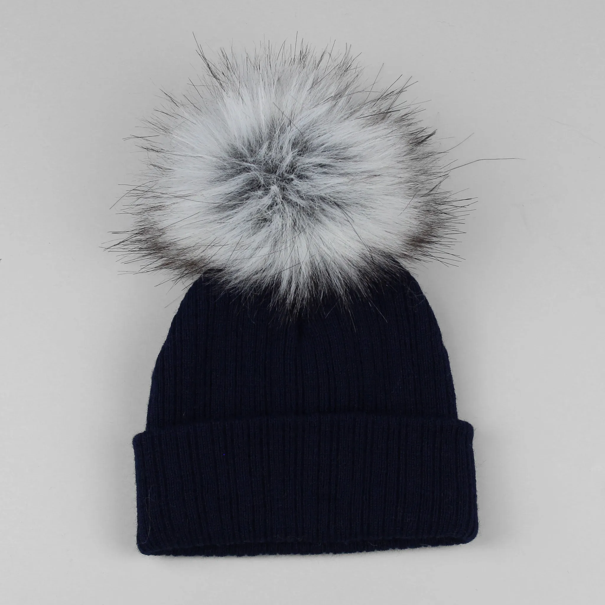 Navy Faux Fur Baby Pom Pom Hat