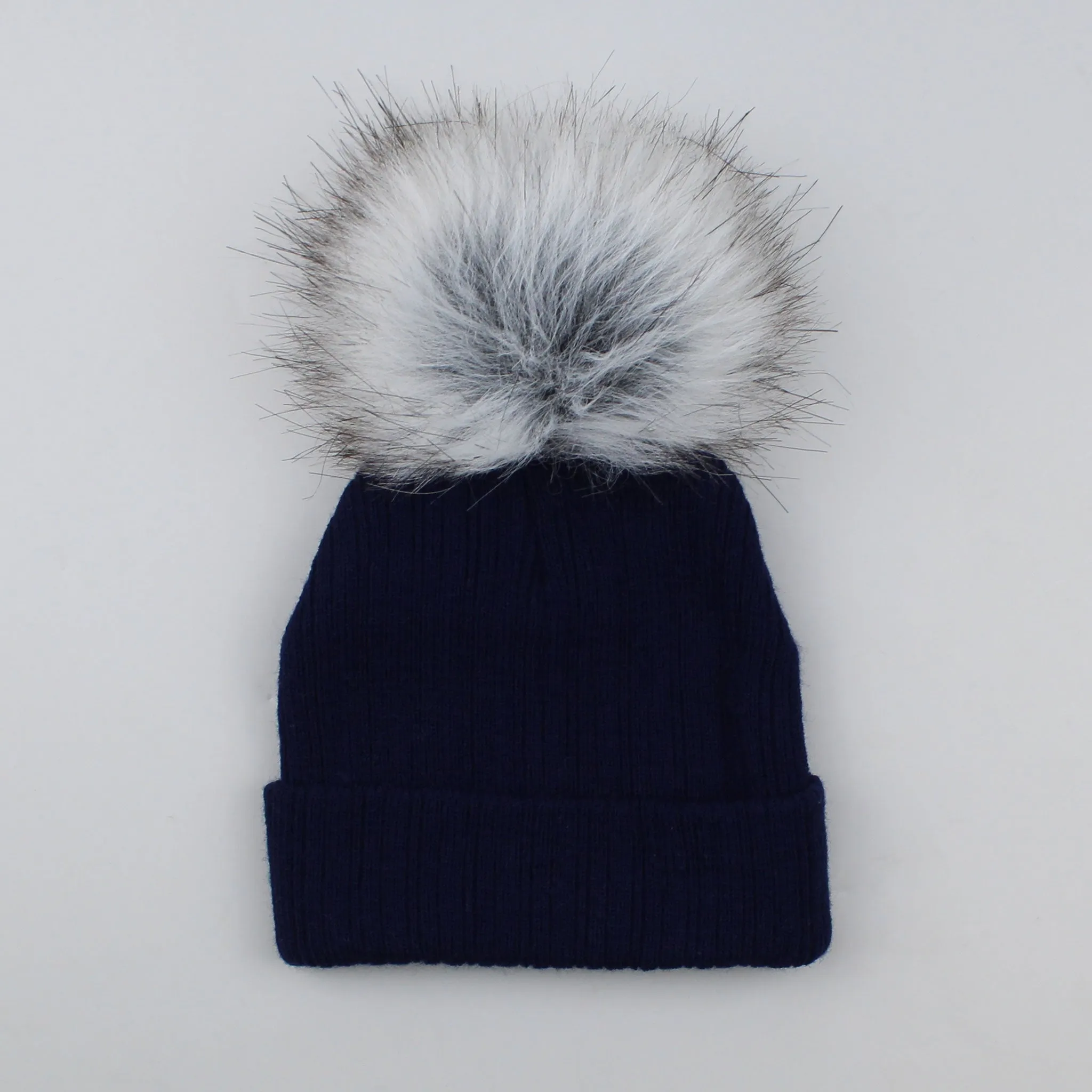 Navy Faux Fur Baby Pom Pom Hat
