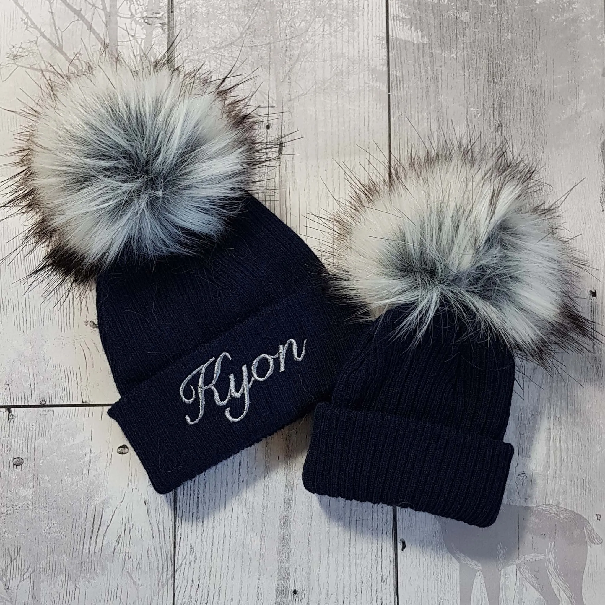 Navy Faux Fur Baby Pom Pom Hat