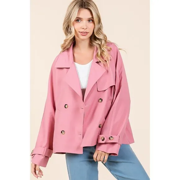 NWT Double Breasted Long Sleeved Cropped Trench Coat Pink Jacket, Spring Fashion