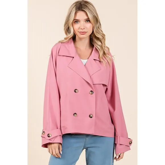 NWT Double Breasted Long Sleeved Cropped Trench Coat Pink Jacket, Spring Fashion