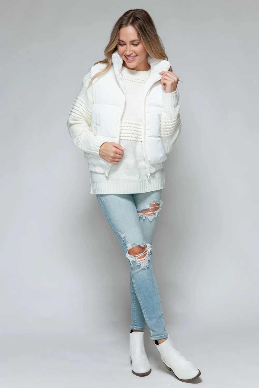Off White Fine Faux Fur Lining Quilted Vest