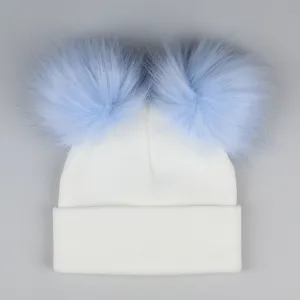 Pastel White/Blue Double Pom Hat - 2 to 6 years