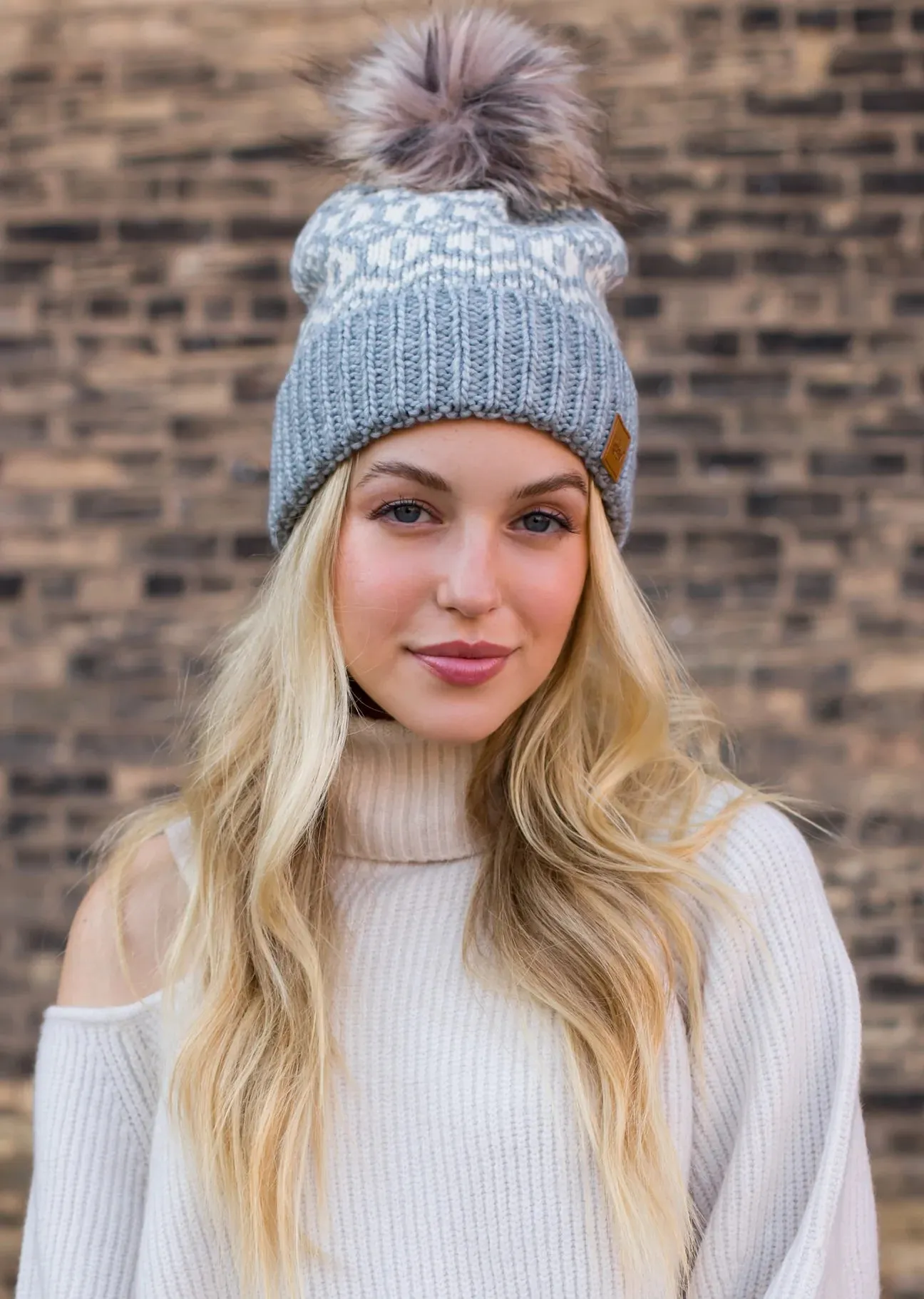 Patterned Knit Hat with Faux Fur Pom