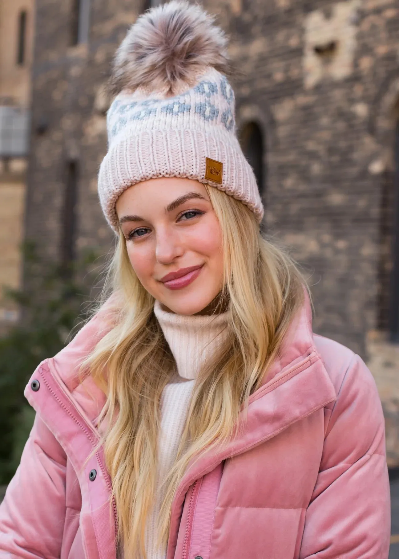 Patterned Knit Hat with Faux Fur Pom