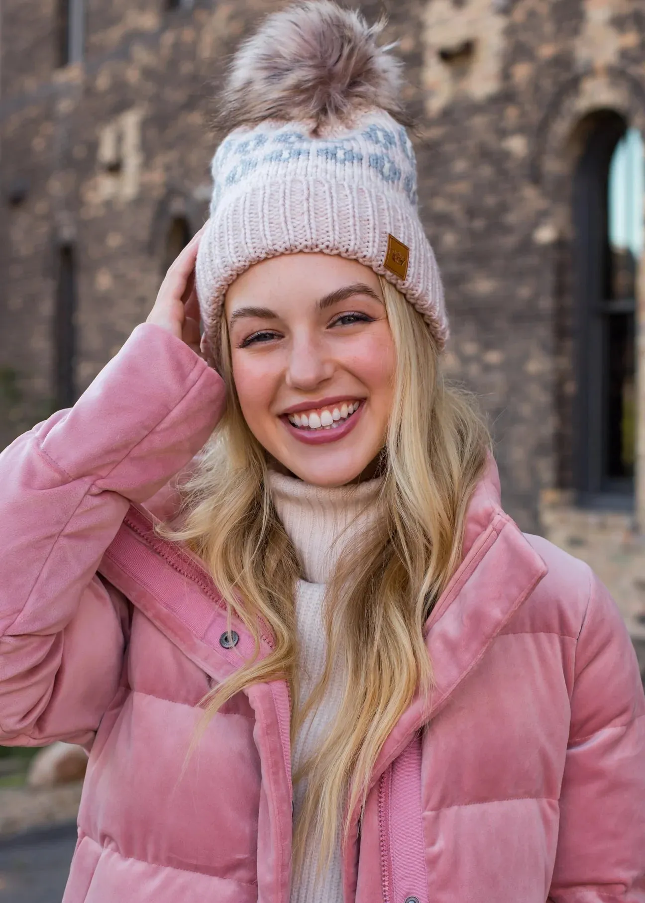 Patterned Knit Hat with Faux Fur Pom