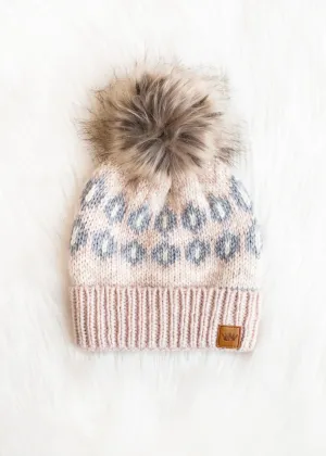 Patterned Knit Hat with Faux Fur Pom