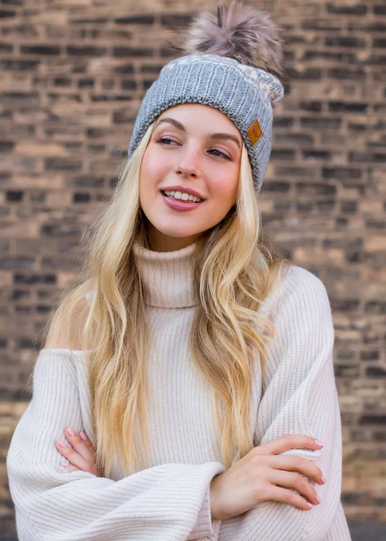 Patterned Knit Hat with Faux Fur Pom