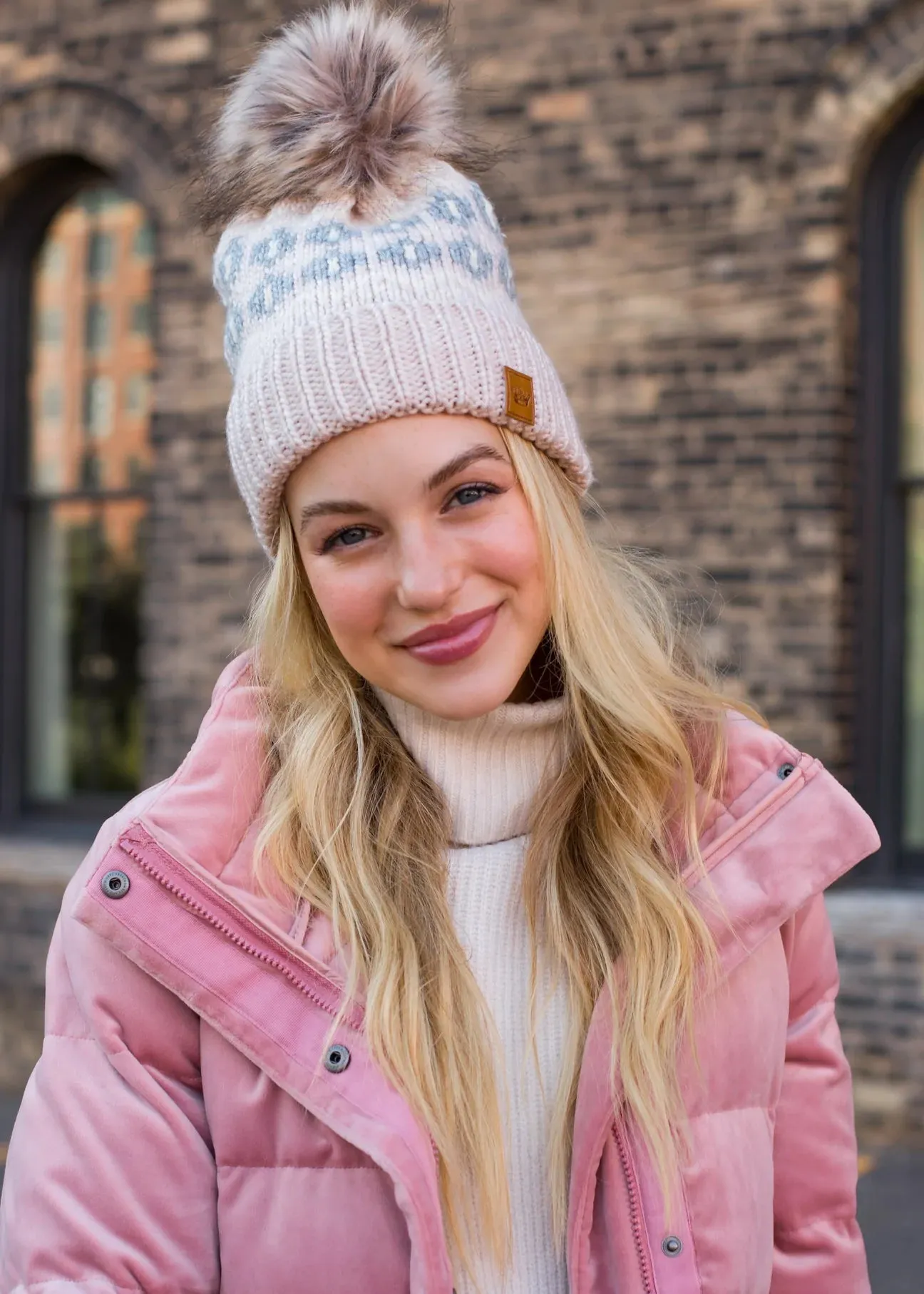 Patterned Knit Hat with Faux Fur Pom