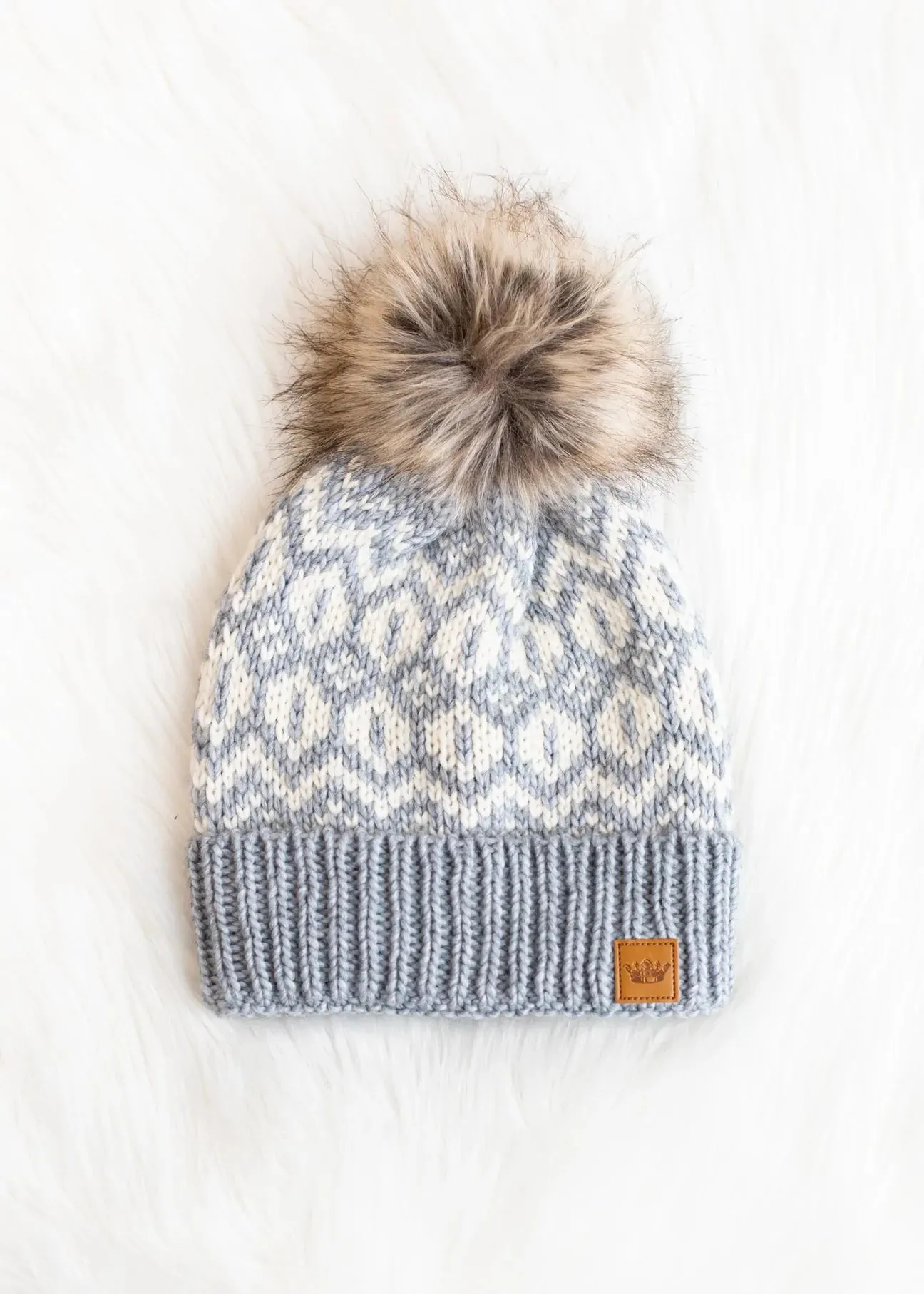 Patterned Knit Hat with Faux Fur Pom