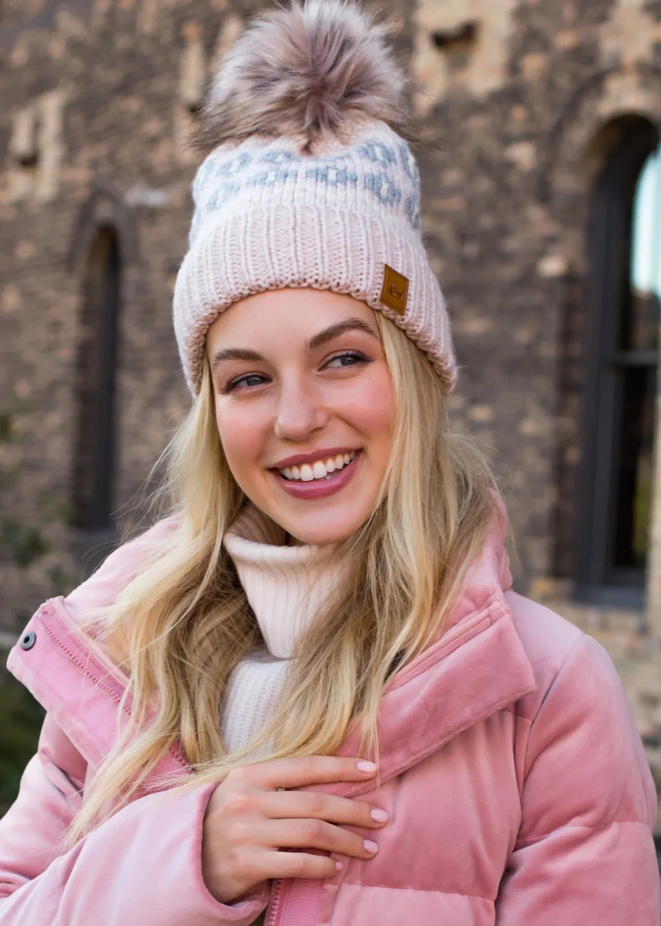 Patterned Knit Hat with Faux Fur Pom