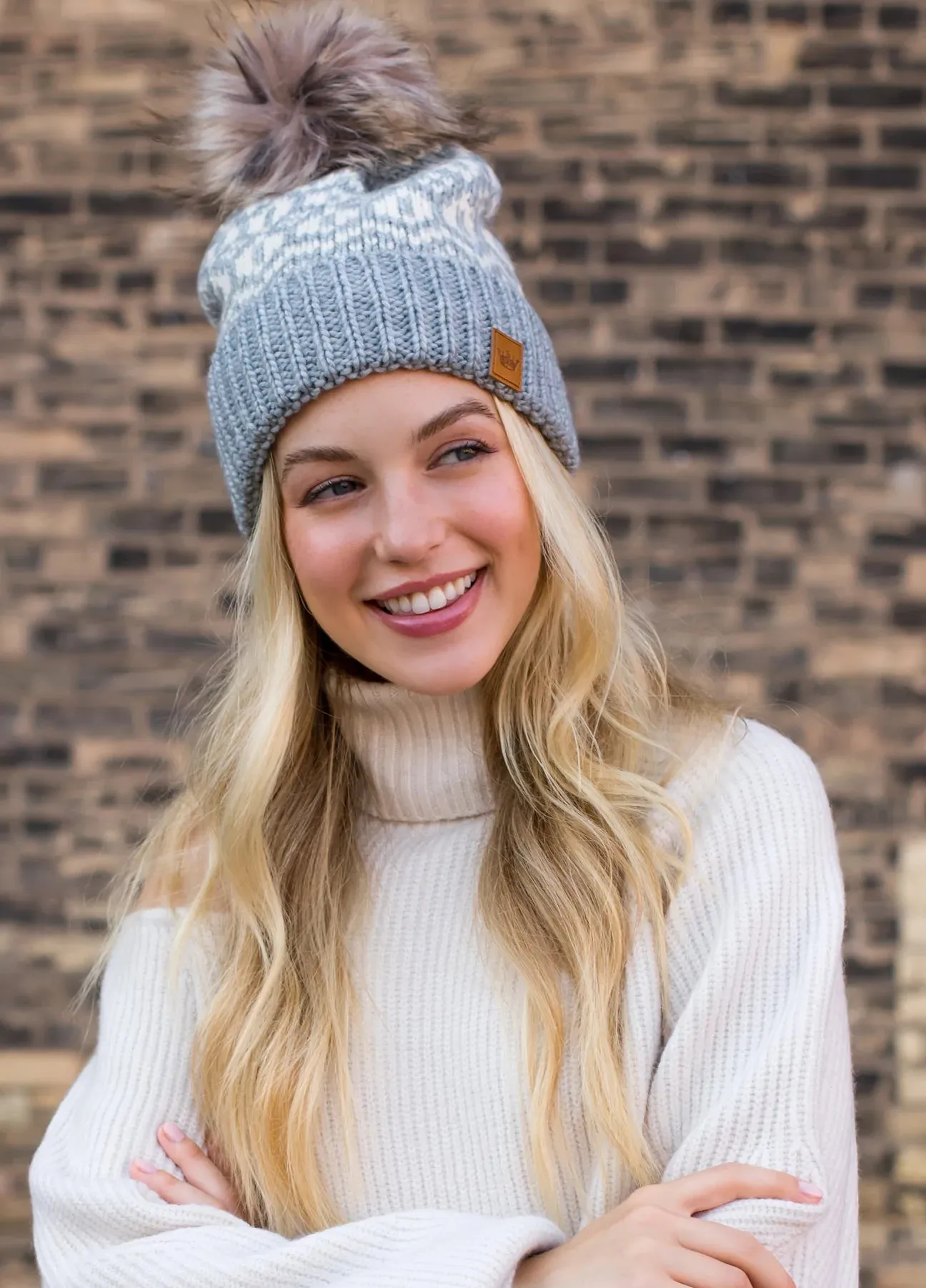 Patterned Knit Hat with Faux Fur Pom