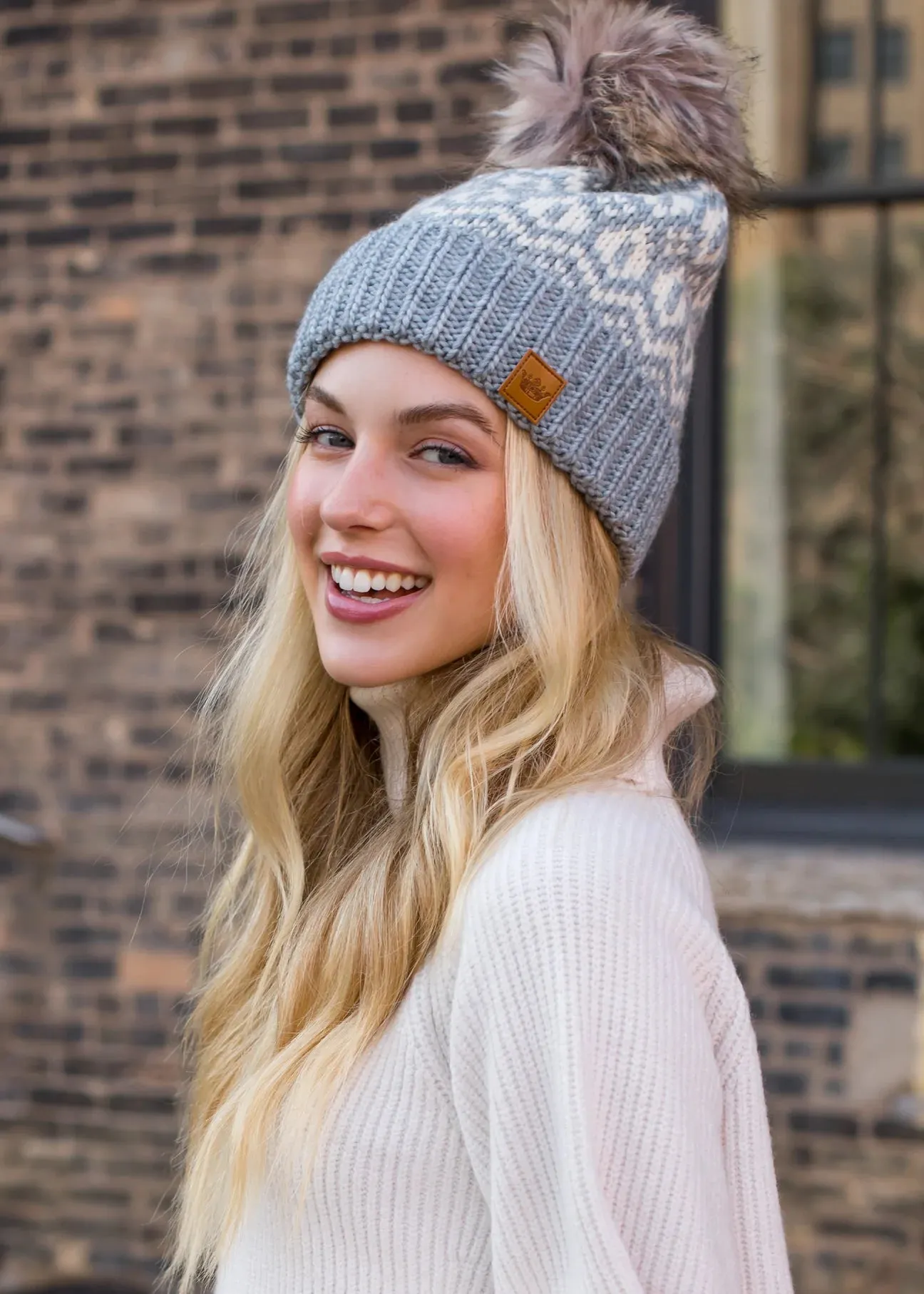 Patterned Knit Hat with Faux Fur Pom