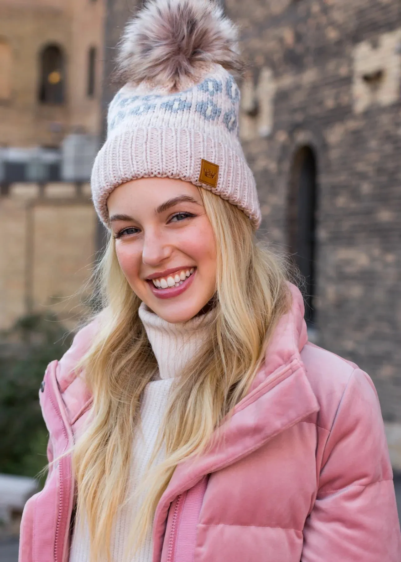 Patterned Knit Hat with Faux Fur Pom