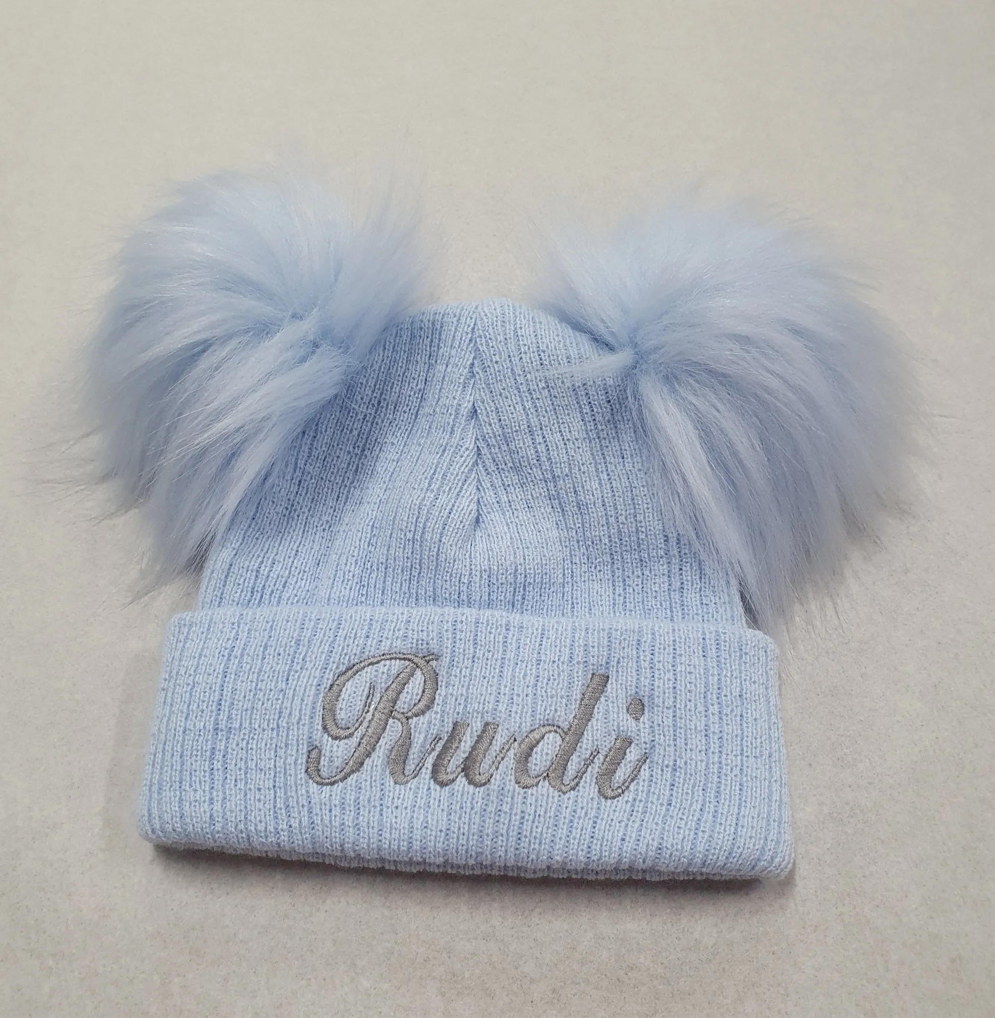 Personalised Baby Blue Knitted Double Blue Fluffy Faux Fur Pom Hat