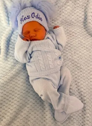 Personalised Baby Blue Knitted Double Blue Fluffy Faux Fur Pom Hat